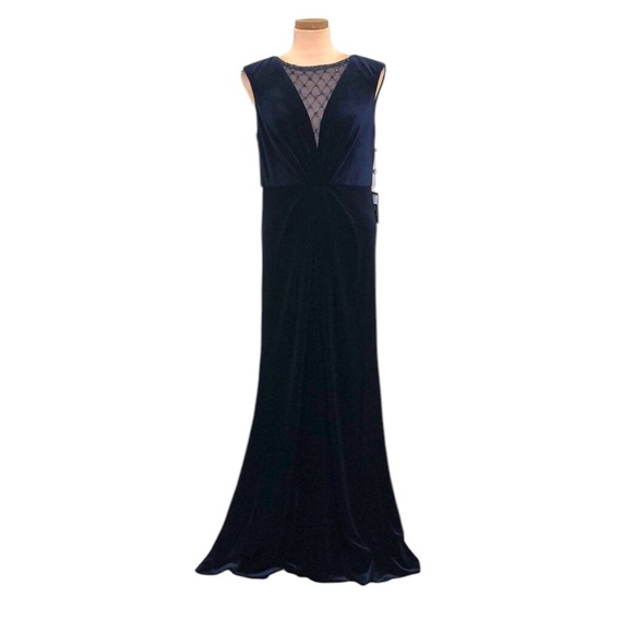 NWT Adrianna Papell Maxi Dress 12 Midnight Navy Blue Velvet Beaded Mermaid Gown - Picture 1 of 12